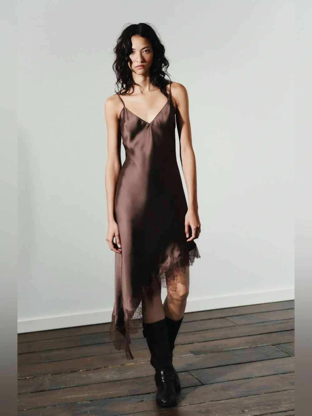 ZARA Satin Lace-Trim Slip Dress, Brown 8827|332 XL NWT - Picture 3 of 16
